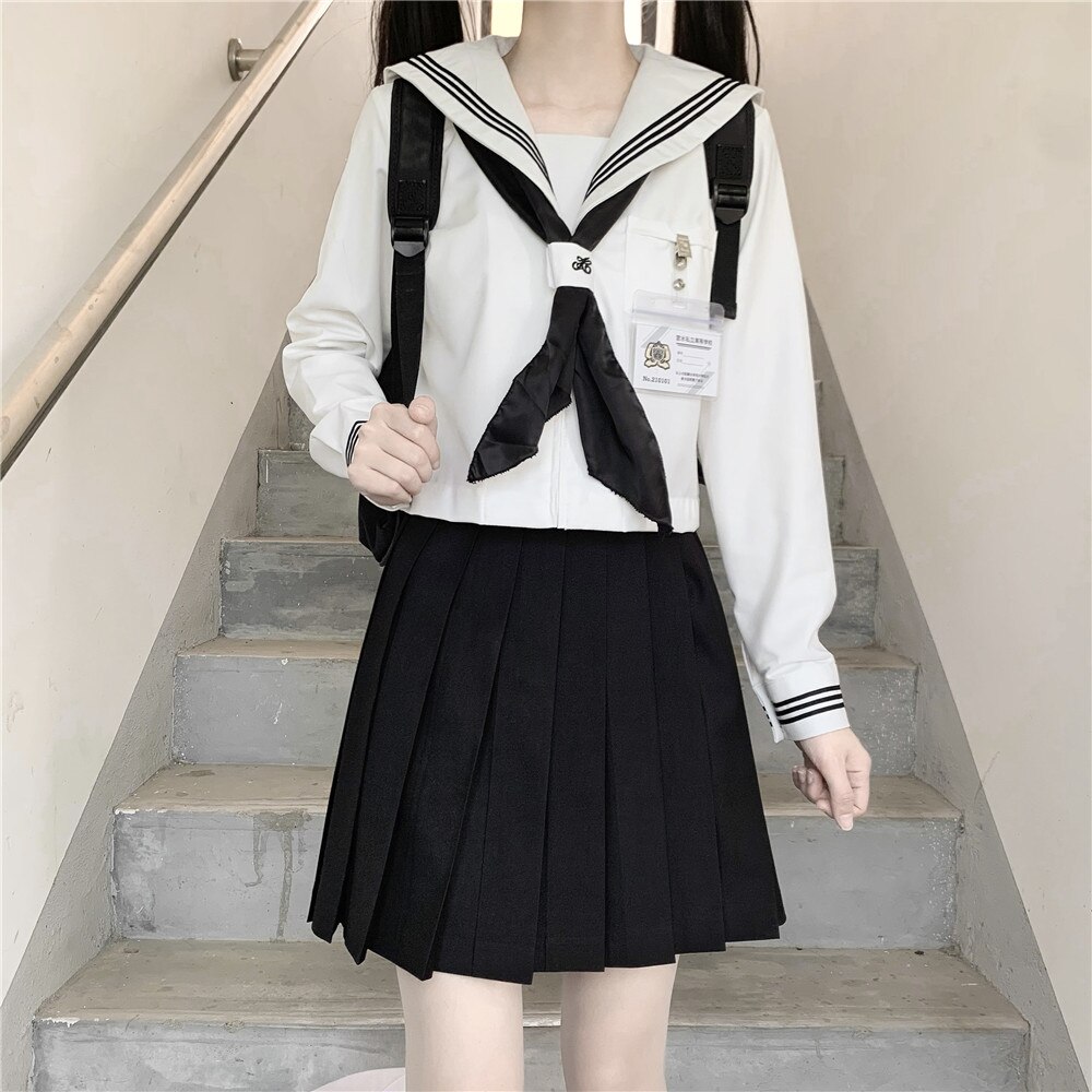 일본 여고생 유니폼 세트 3 줄 긴 소매 블랙 JK 정장 기본 선원 유니폼 세트 해군 의상 여성 소녀 의상